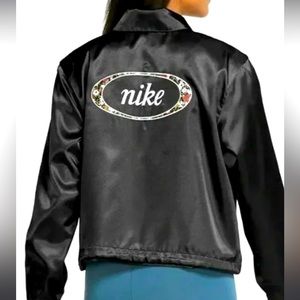 Nike Jacket Womens Sportswear Black Satin with Floral Detail, Size Large